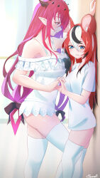 2girls absurdres against_wall animal_ears blouse blue_eyes blush caramel_gallery hair_down hakos_baelz highres hololive hololive_english horns interlocked_fingers irys_(hololive) kabedon leg_between_thighs long_hair multicolored_hair multiple_girls off_shoulder open_mouth pointy_ears purple_eyes red_hair shirt size_difference streaked_hair thighhighs very_long_hair virtual_youtuber yuri