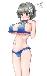 Rule 34 | 1girl, absurdres, adapted costume, bikini, black hair, blue bikini, braid, breasts, dated, feet out of frame, frilled bikini, frills, hair flaps, hair ornament, hairclip, highres, jingei (kancolle), kantai collection, large breasts, long hair, low ponytail, maru (marg0613), navel, one-hour drawing challenge, red eyes, single braid, solo, standing, swimsuit, twitter username