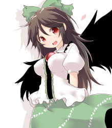 Rule 34 | 1girl, arms behind back, black wings, bow, brown hair, hair bow, head tilt, heart, long hair, natsu no koucha, open mouth, red eyes, reiuji utsuho, revision, simple background, skirt, solo, third eye, touhou, white background, wings
