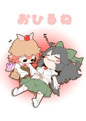 Rule 34 | 2girls, ahoge, animal ears, bandaid, bandaid on knee, bandaid on leg, bare arms, bird, bird wings, black eyes, black hair, black wings, blush stickers, bow, brown legwear, chibi, clothes lift, dress, drooling, eighth note, closed eyes, full body, green bow, green skirt, hair bow, hat, long hair, long sleeves, looking at another, lying, mouth drool, multiple girls, musical note, mystia lorelei, on back, pantyhose, parted lips, pink wings, puffy short sleeves, puffy sleeves, red hair, reiuji utsuho, shirt, shirt lift, short hair, short sleeves, sitting, skirt, sleeping, smile, socks, stomach, third eye, torn clothes, torn legwear, touhou, white footwear, white shirt, wide sleeves, wings, zannen na hito, zzz