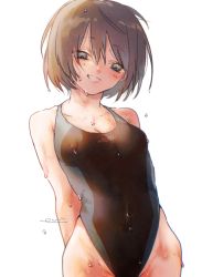 Rule 34 | :d, amagami, arms behind back, black one-piece swimsuit, blue one-piece swimsuit, blush, bob cut, breasts, brown eyes, brown hair, cleavage, collarbone, commentary, competition swimsuit, cowboy shot, grin, groin, hair between eyes, highres, looking at viewer, nanasaki ai, one-piece swimsuit, open mouth, rt26, short hair, signature, simple background, smile, solo, swimsuit, two-tone swimsuit, wet, wet hair, white background