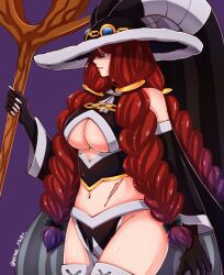 Rule 34 | 1girl, breasts, detached sleeves, fairy tail, hat, highres, irene belserion, large breasts, lipstick, long hair, makeup, midriff, navel, quad braids, red eyes, red hair, revealing clothes, solo, staff, thighhighs, underboob