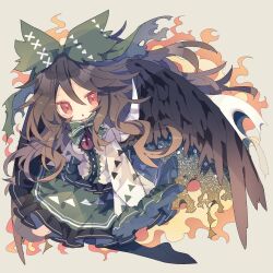 Rule 34 | 1girl, bird wings, black hair, black wings, blush, bow, buttons, feathered wings, frilled skirt, frills, green bow, green skirt, hair between eyes, hair bow, highres, long hair, nikorashi-ka, parted lips, red eyes, reiuji utsuho, shirt, skirt, sleeves past fingers, sleeves past wrists, solo, third eye, touhou, white shirt, wide sleeves, wings