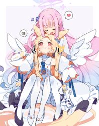 Rule 34 | 2girls, angel wings, animal ears, black footwear, blonde hair, blue archive, blush, closed eyes, commentary request, dress, feathered wings, fox ears, hair bun, halo, heart, long hair, mika (blue archive), multiple girls, open mouth, pantyhose, pink hair, pink halo, red eyes, seia (blue archive), shoes, short sleeves, single side bun, sleeves past fingers, sleeves past wrists, smile, spoken heart, spoken squiggle, squiggle, very long hair, white dress, white pantyhose, white wings, wide sleeves, wings, yun (dust-i1)