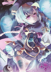 Rule 34 | 1girl, absurdres, bandaged leg, bandages, bead necklace, beads, braid, cape, coin hair ornament, commentary request, fighting stance, genshin impact, ghost, hair ornament, hat, highres, holding, holding sword, holding weapon, jewelry, jiangshi, kinyouny, long hair, long sleeves, looking at viewer, low ponytail, necklace, ofuda, purple eyes, purple hair, qingdai guanmao, qiqi (genshin impact), sidelocks, single braid, sword, thighhighs, vision (genshin impact), weapon, white thighhighs, wide sleeves, yin yang, zettai ryouiki