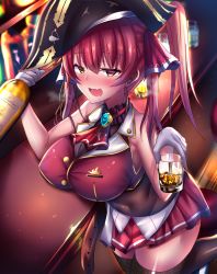 Rule 34 | 1girl, alcohol, ascot, bar (place), bare shoulders, belt, black hat, black thighhighs, blurry, blurry background, blush, breast rest, breasts, brown belt, cleavage, commentary, covered navel, cup, drinking glass, drooling, drunk, gem, gloves, hair between eyes, hair intakes, half-closed eyes, hands up, hat, heavy breathing, highres, holding, hololive, houshou marine, indoors, large breasts, leotard, leotard under clothes, long hair, looking at viewer, nose blush, open mouth, pirate hat, pleated skirt, red ascot, red hair, red skirt, see-through, see-through cleavage, see-through leotard, shiki (catbox230123), shirt, skirt, sleeveless, sleeveless shirt, solo, thighhighs, thighs, virtual youtuber, white gloves, yellow eyes