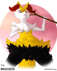 Rule 34 | 1girl, animal ears, animal hands, arm up, artist name, braixen, character name, claws, creatures (company), dated, english text, female focus, fidchell, fox ears, fox tail, from below, furry, furry female, game freak, gen 6 pokemon, hand up, looking at viewer, looking down, nintendo, open mouth, pink background, pokemon, pokemon (creature), pokemon xy, pussy, red eyes, simple background, solo, spread legs, standing, stick, tail, text focus, uncensored, watermark, white background
