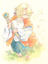 1girl agahari animal_ears barefoot blonde_hair blue_pants braid closed_eyes colored_skin ema_(tsuki_ga_michibiku_isekai_douchuu) flower full_body grass hair_between_eyes hair_ribbon highres holding holding_staff jacket long_hair orange_jacket outdoors pants pig_ears pig_girl pig_snout pink_skin ribbon shirt smile snout solo staff tsuki_ga_michibiku_isekai_douchuu white_shirt