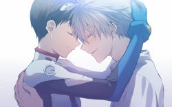 Rule 34 | 11kkr, 2boys, blouse, blue gloves, blush, bodysuit, brown eyes, brown hair, closed eyes, closed mouth, from side, gloves, hand on another&#039;s head, hand on another&#039;s shoulder, happy, holding, ikari shinji, interface headset, multiple boys, nagisa kaworu, neon genesis evangelion, open mouth, plugsuit, shirt, short hair, simple background, smile, standing, sweatdrop, teardrop, tears, white background, white hair, white shirt, yaoi