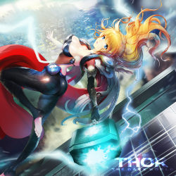 Rule 34 | 1girl, animification, armpits, avengers (series), black gloves, black pantyhose, blonde hair, blue eyes, breasts, cape, character name, cleavage, elbow gloves, electricity, genderswap, genderswap (mtf), gloves, hammer, large breasts, lips, long hair, looking at viewer, marvel, neck, pantyhose, red cape, ruba (akiraoe 84), single elbow glove, single glove, skin tight, solo, thor (marvel)