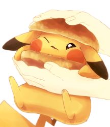 Rule 34 | 1other, bread bun, bright pupils, brown eyes, commentary request, creature as food, creatures (company), game freak, gen 1 pokemon, highres, holding, misonikomiii, nintendo, one eye closed, pikachu, pokemon, pokemon (creature), squash, twitter username, white background, white pupils