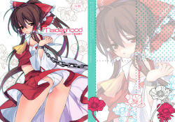 Rule 34 | 1girl, ass, blush, bow, brown hair, chain, clothes lift, cover, cover page, cuffs, detached sleeves, female focus, from behind, hakurei reimu, handcuffs, highres, long hair, looking back, midriff, panties, plant, ponytail, red eyes, ribbon, skirt, skirt lift, solo, touhou, underwear, very long hair, white background