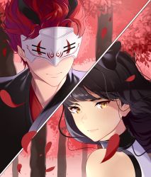 Rule 34 | 1boy, 1girl, absurdres, adam taurus, artist name, black hair, blake belladonna, bow, close-up, forest, highres, horns, leaf, lips, mask, nature, red background, red hair, rwby, sunnypoppy, tree, wind, yellow eyes