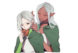 Rule 34 | 1boy, 1girl, :d, black choker, black eyes, blouse, blush, braid, braiding hair, breasts, cape, choker, cithis, cleavage, closed mouth, dark-skinned female, dark skin, dungeon meshi, eating, elf, closed eyes, facial mark, forehead mark, green cape, grey hair, hairdressing, height difference, highres, holding, jewelry, long hair, mithrun, multiple rings, notched ear, open mouth, pointy ears, ring, shirt, simple background, smile, white background, white shirt, yp (pypy 5 )