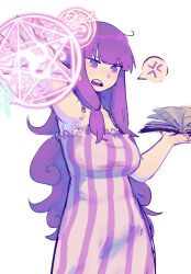 Rule 34 | 1girl, absurdres, anger vein, bare shoulders, blunt bangs, book, breasts, dress, frown, highres, holding, holding book, jess (p2eocene), long hair, magic, magic circle, medium breasts, messy hair, no headwear, open mouth, patchouli knowledge, purple eyes, purple hair, simple background, solo, spoken anger vein, striped clothes, striped dress, touhou, vertical-striped clothes, vertical-striped dress, white background