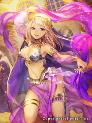 Rule 34 | 1girl, armlet, belly chain, blonde hair, bracelet, breasts, cleavage, company name, dragon tactics, jewelry, long hair, looking at viewer, medium breasts, mole, mole under eye, natsuiro xx, navel, official art, open mouth, original, pelvic curtain, purple eyes, see-through, smile, solo, thigh strap