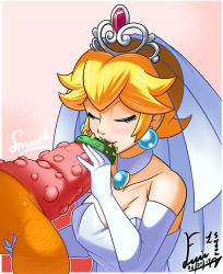 Rule 34 | 1boy, 1girl, bare shoulders, blonde hair, border, bowser, breasts, bridal veil, bride, choker, cleavage, closed eyes, collarbone, dated, dress, earrings, elbow gloves, english text, erection, eyelashes, gloves, highres, huge penis, huge testicles, jewelry, kissing penis, large breasts, lips, mario (series), nintendo, nose, oral, pendant choker, penis, penis grab, pink background, pink lips, princess peach, shoolmail, short hair, signature, smile, sound effects, spiked penis, spikes, strapless, strapless dress, super mario odyssey, testicle grab, testicles, tiara, veil, wedding dress, white border, white choker, white dress, white gloves