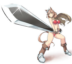 Rule 34 | 1girl, animal ears, armor, bikini, bikini armor, boots, breasts, brown cape, brown eyes, brown footwear, brown hair, cape, closed mouth, deno (denomina0), dragonslayer (sword), foreshortening, frown, greaves, helmet, highres, holding, holding sword, holding weapon, horse ears, horse girl, horse tail, huge weapon, looking at another, looking to the side, matikane tannhauser (umamusume), medium breasts, medium hair, navel, red bikini, simple background, solo, sparkle, standing, sunrise stance, swimsuit, sword, tail, tilted headwear, torn cape, torn clothes, umamusume, weapon, white background, wind