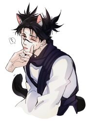 Rule 34 | 1boy, 1other, :p, absurdres, animal ears, black eyes, black hair, black scarf, black vest, cat boy, cat ears, choso (jujutsu kaisen), facial tattoo, hand on another&#039;s chin, highres, jujutsu kaisen, l everbloom, long sleeves, one eye closed, scarf, shirt, short hair, short twintails, simple background, solo focus, sweatdrop, tattoo, tongue, tongue out, twintails, upper body, vest, white background, white shirt