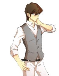 Rule 34 | 1boy, belt, belt buckle, black belt, blue eyes, brown hair, buckle, collared shirt, cross, cross necklace, dress shirt, grey vest, hair between eyes, jewelry, kaiba seto, looking at viewer, male focus, necklace, pants, parted lips, shirt, short hair, simple background, solo, standing, vest, vvv1356 ygo, white background, white pants, white shirt, wing collar, yu-gi-oh!, yu-gi-oh! duel monsters