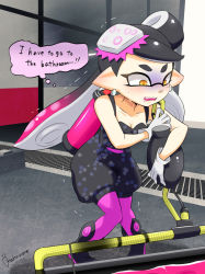Rule 34 | + +, 1girl, artist name, backpack, bag, black footwear, black hair, black jumpsuit, blush, boots, breasts, callie (splatoon), cleavage, collarbone, constricted pupils, domino mask, earrings, english text, full body, gloves, gradient hair, hand up, have to pee, holding, holding weapon, ink tank (splatoon), jewelry, jumpsuit, kakuume, knees together feet apart, long hair, looking down, mask, medium breasts, mole, mole under eye, multicolored hair, nintendo, object on heat, open mouth, outdoors, pantyhose, pink hair, pink pantyhose, pointy ears, short jumpsuit, signature, splat roller (splatoon), splatoon (series), splatoon 1, standing, sweat, teeth, tentacle hair, tentacles, text focus, thought bubble, trembling, turn pale, wavy mouth, weapon, white gloves, window, yellow eyes