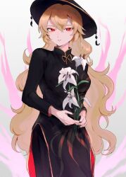 Rule 34 | 1girl, adapted costume, aura, black dress, black headwear, black nails, blonde hair, commentary request, cowboy shot, dress, flower, gradient background, grey background, hair between eyes, highres, holding, holding flower, junko (touhou), long hair, looking at viewer, parted lips, plumapple3, red eyes, simple background, solo, touhou, white background