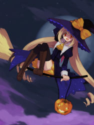 Rule 34 | 1girl, bad id, bad pixiv id, blonde hair, broom, broom riding, drill hair, flying, full moon, halloween, hand on headwear, hat, jack-o&#039;-lantern, koto (colorcube), long hair, melona (koto), moon, night, night sky, open mouth, original, pumpkin, red eyes, sidesaddle, skirt, sky, smile, solo, thighhighs, twintails, very long hair, witch, witch hat, zettai ryouiki