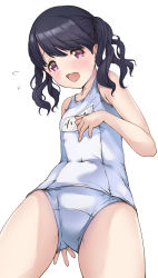 Rule 34 | 1girl, absurdres, black hair, covered navel, fang, from below, fukumaru koito, highres, idolmaster, idolmaster shiny colors, kuroba aki, looking at viewer, looking down, name tag, old school swimsuit, one-piece swimsuit, open mouth, purple eyes, school swimsuit, skin fang, solo, swimsuit, thighs, twintails, white background, white one-piece swimsuit