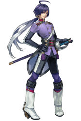 Rule 34 | 1boy, ahoge, black gloves, boots, buttons, elbow gloves, full body, gloves, gradient hair, grey hair, hand on hilt, hand on own hip, high heel boots, high heels, highres, legwear garter, long hair, low ponytail, making-of available, male focus, military, military uniform, multicolored hair, nishihara isao, original, purple eyes, purple hair, sheath, sheathed, shorts, smile, solo, standing, striped legwear, sword, tassel, uniform, vertical-striped legwear, weapon, white footwear