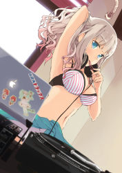 Rule 34 | 1girl, adjusting hair, apple inc., arm up, armpits, arms up, bad id, bad pixiv id, blue eyes, blunt bangs, bra, breasts, computer, dutch angle, gradient hair, grey hair, headphones, headphones around neck, highres, laptop, long hair, mouth hold, multicolored hair, navel, original, phonograph, pink hair, solo, striped bra, striped clothes, taoru, turntable, tying hair, underwear, wavy mouth