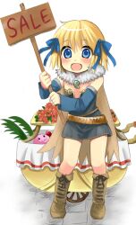Rule 34 | 1girl, :3, :d, alchemist (ragnarok online), belt, blonde hair, blue bow, blue eyes, blue sleeves, blush, boots, bow, brown belt, brown cape, brown footwear, cape, commentary request, cross-laced footwear, detached sleeves, dress, flat chest, flower, full body, fur collar, grey dress, hair between eyes, hair bow, holding, holding sign, jewelry, looking at viewer, magatama, magatama necklace, medium bangs, necklace, open mouth, poring, pullcart, ragnarok online, red flower, short dress, short hair, sign, slime (creature), smile, standing, strapless, strapless dress, uzuki kouta