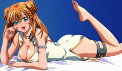 Rule 34 | 1girl, ass, bare shoulders, bed, blonde hair, blue eyes, breasts, china dress, chinese clothes, cleavage, dress, grin, hair between eyes, ikkitousen, large breasts, leg up, legs, long hair, looking at viewer, lying, on stomach, open mouth, shiny skin, smile, solo, sonsaku hakufu, thighs