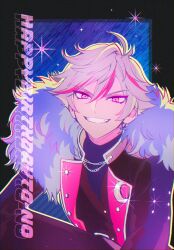 Rule 34 | 1boy, backlighting, bishounen, black jacket, chain, chain necklace, crescent, fur-trimmed jacket, fur trim, grin, hair between eyes, happy birthday, idol land pripara, jacket, jewelry, long sleeves, looking at viewer, male focus, multicolored hair, necklace, ooedo shinya, open clothes, open jacket, open mouth, oshiri (o4ritarou), pink eyes, pink hair, pretty series, pripara, short hair, smile, solo, streaked hair, white hair
