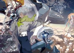Rule 34 | 10s, 1boy, bad id, bad pixiv id, belt, buckle, clear (dramatical murder), cloud, coral, dima, dramatical murder, closed eyes, fish, gloves, jacket, jellyfish, long jacket, long sleeves, male focus, pants, scarf, shark, short hair, smile, solo, standing, umbrella, whale, white hair, wind