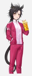 Rule 34 | 1girl, air shakur (umamusume), animal ears, black hair, commentary request, drink, drinking straw, drinking straw in mouth, ear piercing, eyebrow piercing, feet out of frame, grey background, hand in pocket, hand up, highres, holding, holding drink, horse ears, horse girl, horse tail, iced tea, jacket, long hair, long sleeves, looking at viewer, orange eyes, pants, piercing, pink jacket, pink pants, simple background, solo, tail, tan (inka), track jacket, track pants, track suit, umamusume, zipper pull tab