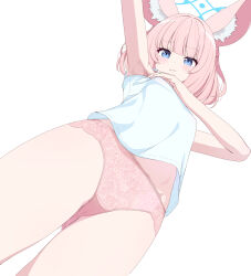Rule 34 | 1girl, absurdres, animal ear fluff, animal ears, armpits, blue archive, blue camisole, blue eyes, blue halo, blush, camisole, closed mouth, cowboy shot, fox ears, halo, highres, niko (blue archive), panties, pink hair, pink panties, short hair, simple background, solo, tomu (tom 309k), underwear, white background