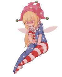 Rule 34 | 1girl, @ @, absurdres, american flag dress, american flag legwear, bad id, bad pixiv id, blonde hair, blush stickers, clownpiece, fairy wings, full body, hat, highres, jester cap, long hair, neck ruff, pantyhose, pink eyes, pink hat, polka dot, short sleeves, simple background, sitting, solo, soya6479, star (symbol), star print, striped, touhou, very long hair, white background, wings