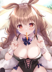 Rule 34 | 1girl, ahoge, animal ears, black leotard, blush, bow, bowtie, braid, breasts, brown eyes, brown hair, carrot, cleavage, commentary request, detached collar, food in mouth, highres, large breasts, leotard, long hair, looking at viewer, mikeou, navel, original, purple bow, purple bowtie, rabbit ears, sitting, solo, twin braids, wrist cuffs
