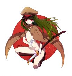 Rule 34 | 1girl, boots, coat, dougan calpis con, full body, gloves, green eyes, green hair, hanachirasu, hat, imperial japanese army, ishima kaigen, japanese flag, katana, long hair, matching hair/eyes, military, military uniform, naked coat, on one knee, open clothes, peaked cap, red eyes, red hair, rising sun flag, sheath, sheathed, simple background, solo, sunburst, sword, uniform, weapon, white background, white gloves