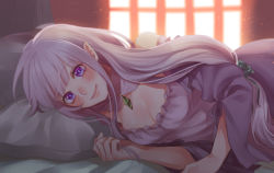 Rule 34 | 10s, 1girl, bad id, bad pixiv id, bare shoulders, bed sheet, blush, breasts, cleavage, closed mouth, crystal, curtains, dress, elf, emilia (re:zero), eyebrows, flower, frills, hair flower, hair ornament, highres, holding, holding hair, indoors, light particles, long hair, looking at viewer, low-tied long hair, lying, medium breasts, noriuma, off shoulder, on bed, on side, pillow, pointy ears, purple eyes, re:zero kara hajimeru isekai seikatsu, silver hair, solo, upper body, window