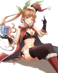 Rule 34 | 1girl, aqua (popogori), black gloves, black thighhighs, boots, breasts, brown hair, cape, clarisse (granblue fantasy), cleavage, floating hair, fur-trimmed boots, fur-trimmed cape, fur-trimmed headwear, fur-trimmed panties, fur trim, gloves, granblue fantasy, green eyes, grin, hat, index finger raised, knee boots, long hair, looking at viewer, medium breasts, midriff, navel, one eye closed, panties, ponytail, red cape, red footwear, red hat, santa hat, simple background, sitting, smile, solo, stomach, thighhighs, underwear, very long hair, white background