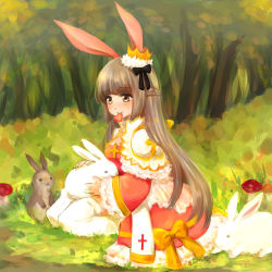Rule 34 | 1girl, animal ears, arch bishop (ragnarok online), black bow, blush, bow, breasts, brown eyes, brown hair, bush, cleavage cutout, closed mouth, clothing cutout, commentary request, crown, dress, dress bow, forest, frilled dress, frilled sleeves, frills, full body, grass, hair bow, heart, heart in mouth, long hair, manoji, medium breasts, nature, official alternate costume, petting, rabbit, rabbit ears, ragnarok online, red dress, sash, seiza, signature, sitting, smile, solo, thighhighs, two-tone dress, white dress, white thighhighs, yellow bow, yellow sash