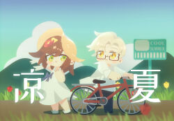 Rule 34 | 1boy, 1girl, bicycle, blue pants, blue sky, brown footwear, brown hair, closed mouth, cloud, cloudy sky, dress, flower, glasses, grass, green eyes, grey shirt, hat, highres, jacket, long hair, long sleeves, mole, mole under eye, pants, red flower, red rose, remosea, rosa (tears of themis), rose, semi-rimless eyewear, shirt, short hair, sign, sky, sleeveless, sleeveless dress, standing, summer, sun hat, sundress, tears of themis, vyn richter (tears of themis), white dress, white footwear, white hair, white jacket, wind, yellow eyes, yellow flower, yellow rose