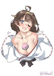 Rule 34 | 10s, 1girl, ;d, ahoge, bad id, bad twitter id, bare shoulders, blush, breasts, brown hair, cleavage, collarbone, ebifurya, headgear, highres, hishimochi, inactive account, kantai collection, kongou (kancolle), looking at viewer, medium breasts, motion lines, no bra, no legs, nontraditional miko, off shoulder, one eye closed, open mouth, purple eyes, ribbon-trimmed sleeves, ribbon trim, simple background, smile, solo, twitter username, upper body, white background