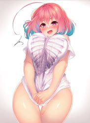 Rule 34 | 1girl, @ @, ahoge, blue hair, blush, bottomless, breasts squeezed together, breasts, cowboy shot, earrings, covered erect nipples, fang, idolmaster, idolmaster cinderella girls, jewelry, large breasts, looking at viewer, multicolored hair, no panties, nose blush, open mouth, pill earrings, pink eyes, pink hair, rukitsura, shirt, shirt tug, short hair, short sleeves, single bare shoulder, skeleton print, solo, sweat, t-shirt, two-tone hair, v arms, wavy mouth, yumemi riamu