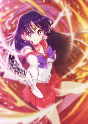 Rule 34 | 1girl, bad id, bad pixiv id, bishoujo senshi sailor moon, black eyes, blurry, blurry background, blurry foreground, blush, breasts, choker, closed mouth, collared shirt, earrings, elbow gloves, fire, floating hair, gloves, highres, hino rei, holding, jewelry, long hair, looking at viewer, medium breasts, miniskirt, pleated skirt, purple hair, purple neckwear, red choker, red sailor collar, red skirt, sailor collar, sailor mars, sailor senshi uniform, sailor shirt, shirt, skirt, smile, solo, verse, very long hair, white gloves, white shirt