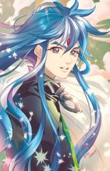 Rule 34 | 1boy, bishounen, blue eyes, blue hair, cloud, dated, facial mark, forehead mark, hair between eyes, houshin engi, long eyelashes, long hair, looking at viewer, looking to the side, male focus, shabomu, shawl, sidelocks, signature, smile, solo, sparkle, upper body, youzen