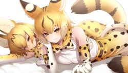 Rule 34 | 2girls, :3, animal ear fluff, animal ears, bare shoulders, belt, blonde hair, bow, bowtie, clothing cutout, deku suke, elbow gloves, elbow rest, extra ears, extra serval (kemono friends), eyes visible through hair, fang, fang out, gloves, half-closed eyes, highres, kemono friends, looking at viewer, lying, multiple girls, on side, on stomach, orange eyes, print gloves, print neckwear, print skirt, serval (kemono friends), serval print, shirt, short hair, simple background, skirt, sleeveless, sleeveless shirt, smile, tail, tail through clothes, traditional bowtie, white background, white shirt, yellow eyes