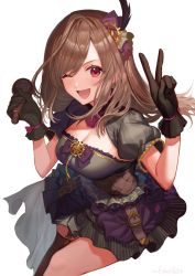 Rule 34 | 1girl, breasts, brown eyes, brown hair, cleavage, dress, gloves, hair ornament, highres, holding, holding microphone, idolmaster, idolmaster shiny colors, large breasts, long hair, microphone, one eye closed, open mouth, simple background, smile, solo, tsukioka kogane, ukimesato, v, white background