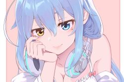 Rule 34 | 1girl, asagi shiki, bare shoulders, blue eyes, blue hair, bow, breasts, cleavage, closed mouth, collarbone, hair between eyes, hand on own cheek, hand on own face, head rest, headphones, headphones around neck, heterochromia, indie virtual youtuber, light blue hair, long hair, looking at viewer, medium breasts, mole, mole under eye, off shoulder, pink background, pink bow, shirosaki rio, shirt, simple background, smile, solo, upper body, virtual youtuber, white shirt, yellow eyes
